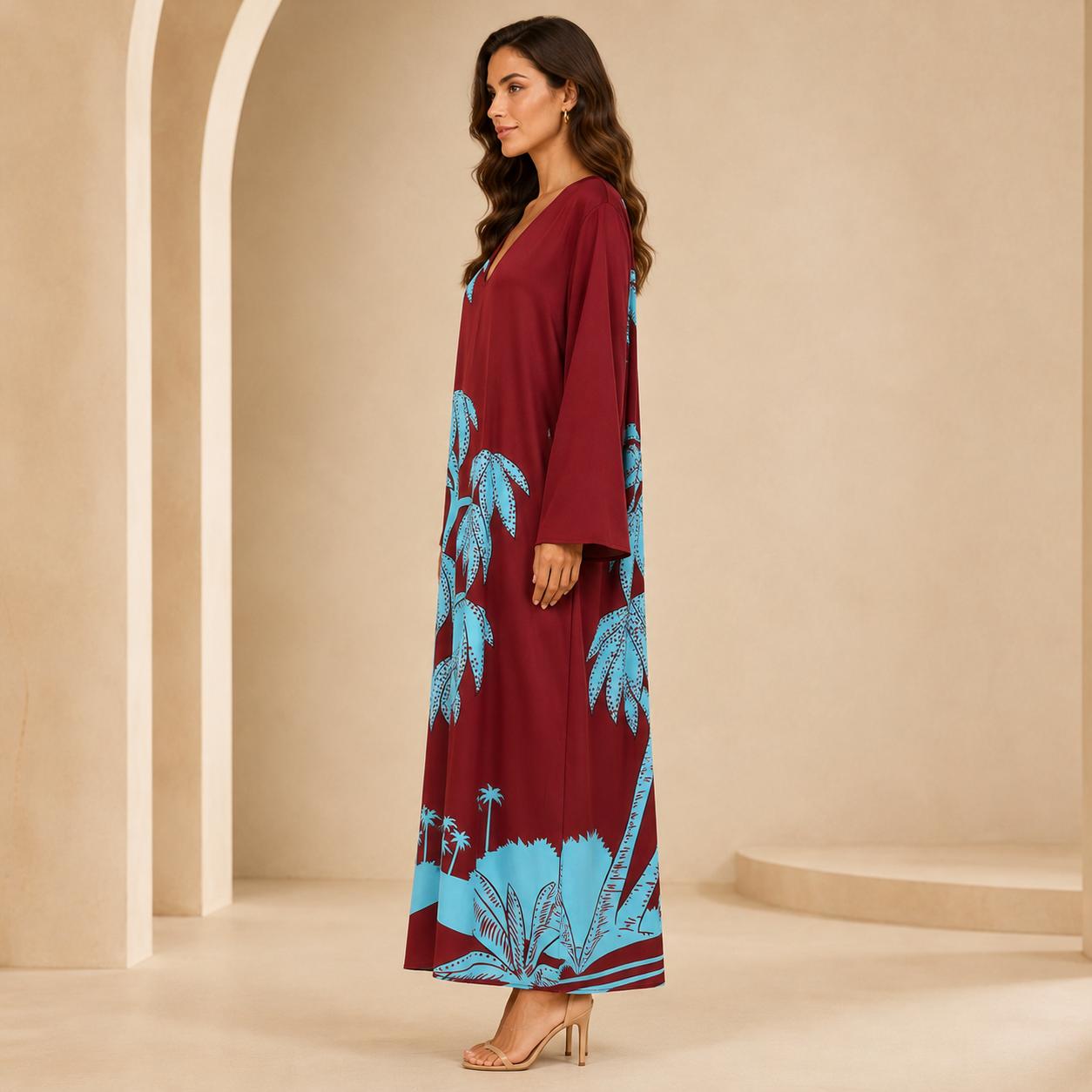 Women’s Premium Silk Maxi Dress - Long Sleeve V-Neck A-Line Tropical Print, Everyday Minimalist Beach Dress, Relaxed Flowy Lightweight Travel Casual Wear for Elegance & Style image 11