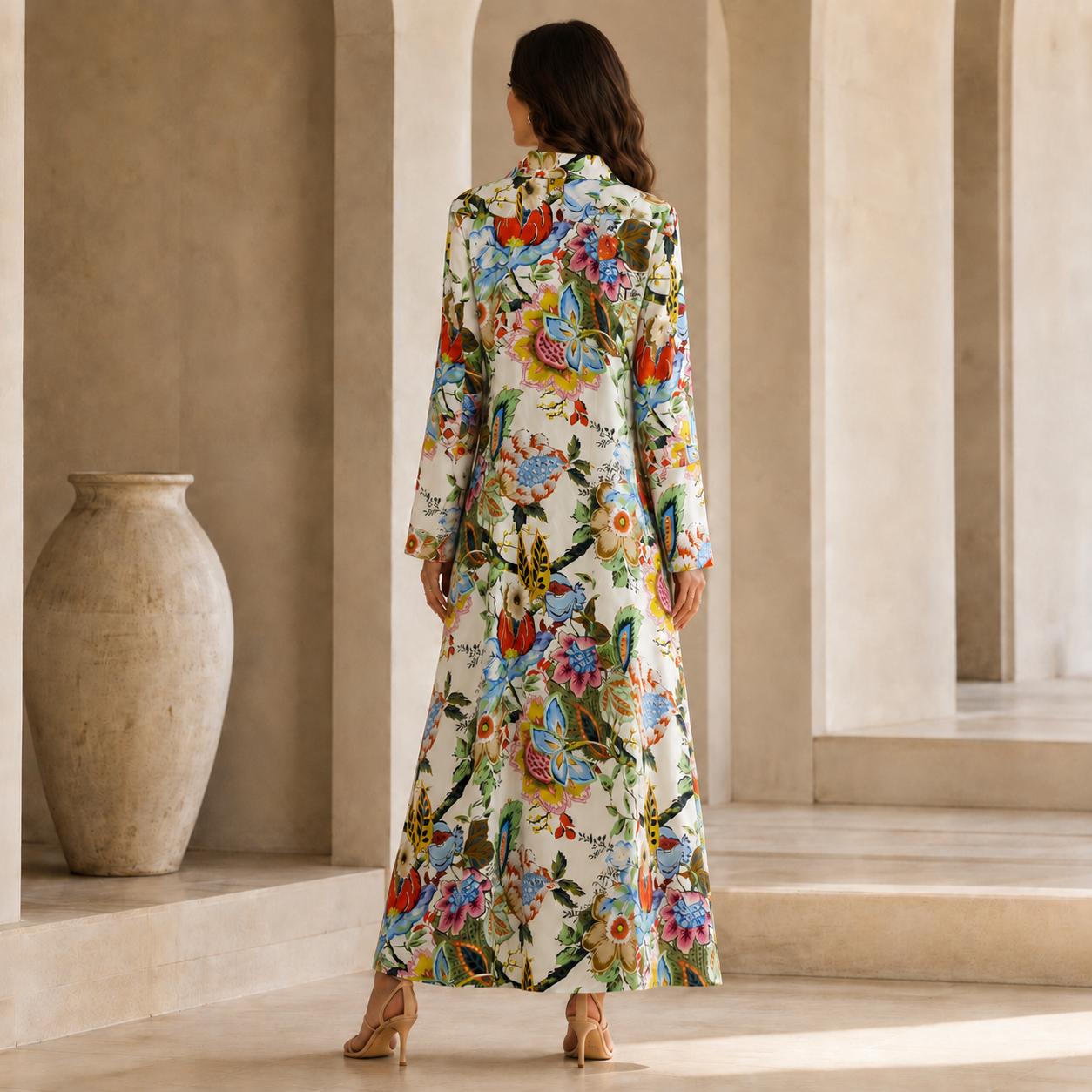 Women’s Premium Silk Floral Maxi Dress – Elegant long-sleeve collared A-line dress for vacations and everyday wear image 11