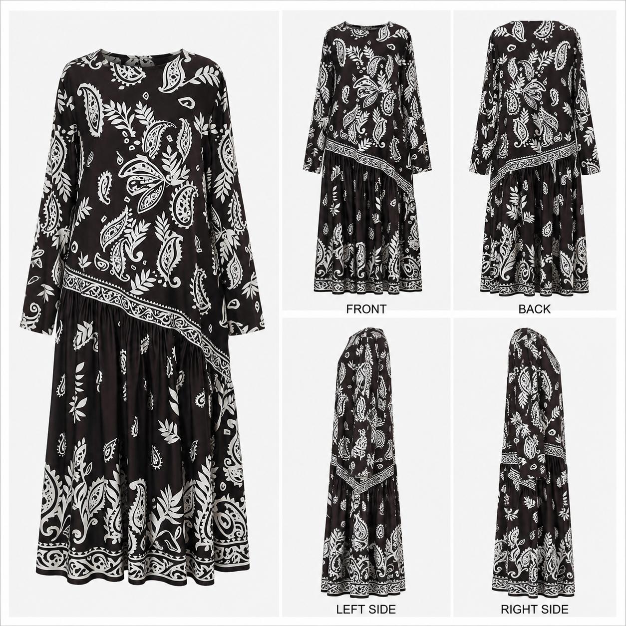 Women’s Premium Silk Paisley Long-Sleeve Boho A-Line Midi Dress, Bohemian Casual Wear for Vacation, Hand Washable image 11