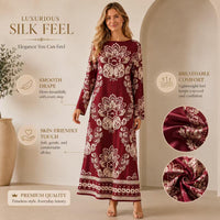 Luxury premium satin burgundy maxi dress for women with ethnic floral print, elegant round neck, long sleeves, loose straight fit, bohemian style, floor-length gown—ideal for resort vacations. Boho Chic Dress Summer image 12