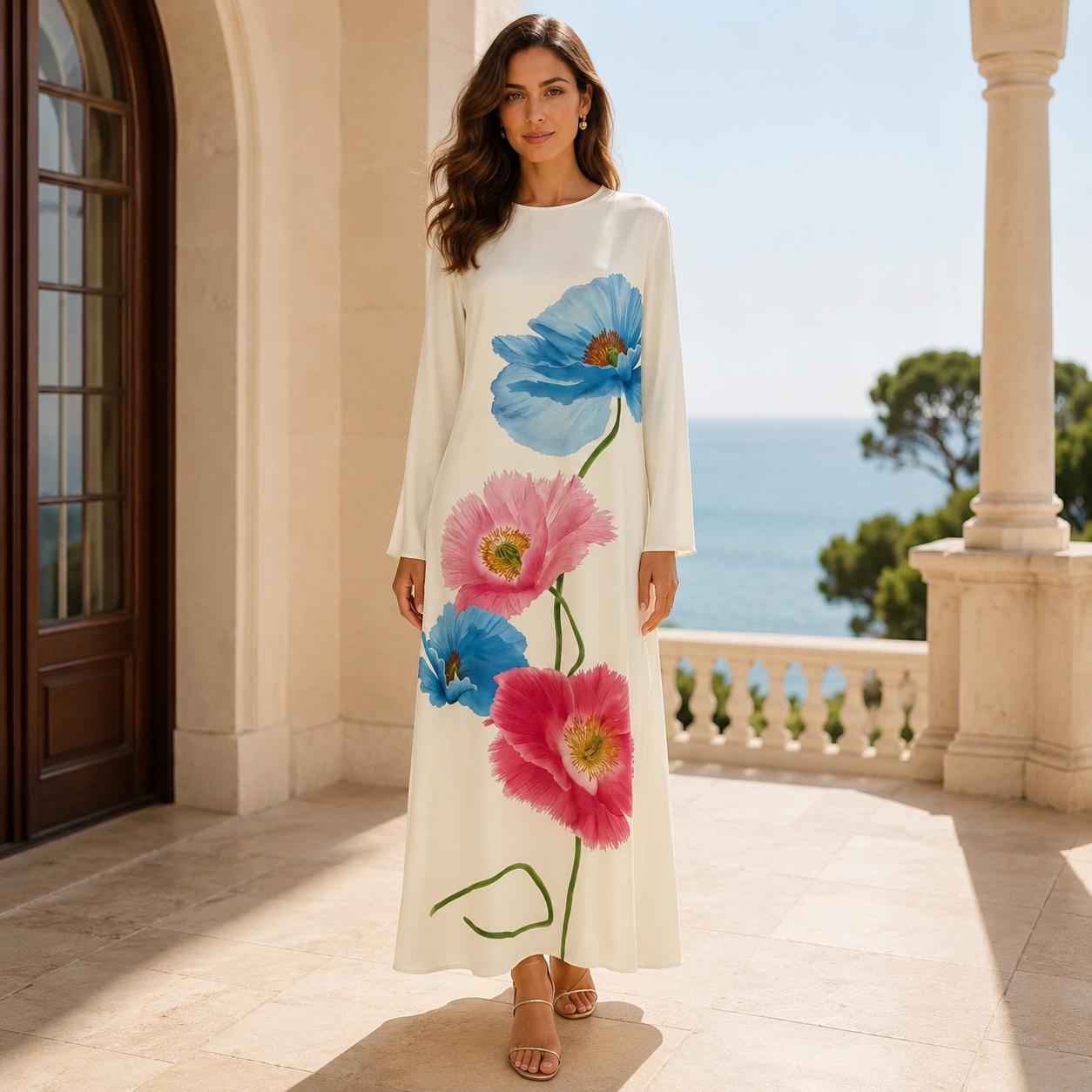 Women’s Premium Silk Round Neck Longsleeve Oversized Orchid Floral Design Dress - Loose-Fit A-Line Flowing Maxi, Elegant Silk Fabric, Formal Dinner Vacation Party Casual Womenswear Crewneck image 12