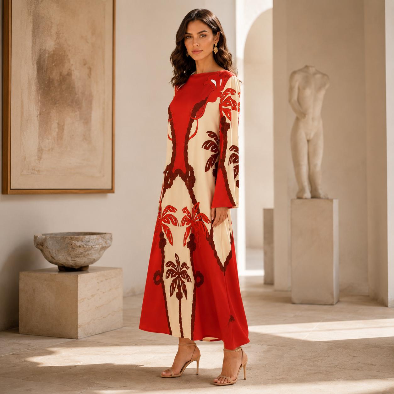 Women's Satin Pullover Crew Neck Bell Long Sleeve Maxi Dress, Bohemian Palm Tree Print Flowy Gown for Vacation, Upscale Dinner Dates, Hand Wash Casual Womenswear image 12