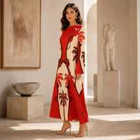 Women's Satin Pullover Crew Neck Bell Long Sleeve Maxi Dress, Bohemian Palm Tree Print Flowy Gown for Vacation, Upscale Dinner Dates, Hand Wash Casual Womenswear image 12