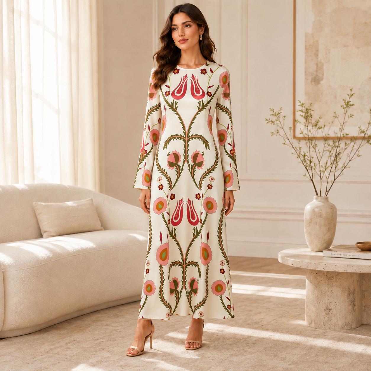 Women's Luxurious Silk A-Line Maxi Dress - Crew Neck, Bell Long Sleeves, Floral Print, Bohemian Relaxed Loose Fit, Flowy Silhouette, Luxurious Statement Piece for Evening Occasions, Hand Wash Friendly image 12