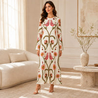 Women's Luxurious Silk A-Line Maxi Dress - Crew Neck, Bell Long Sleeves, Floral Print, Bohemian Relaxed Loose Fit, Flowy Silhouette, Luxurious Statement Piece for Evening Occasions, Hand Wash Friendly image 12