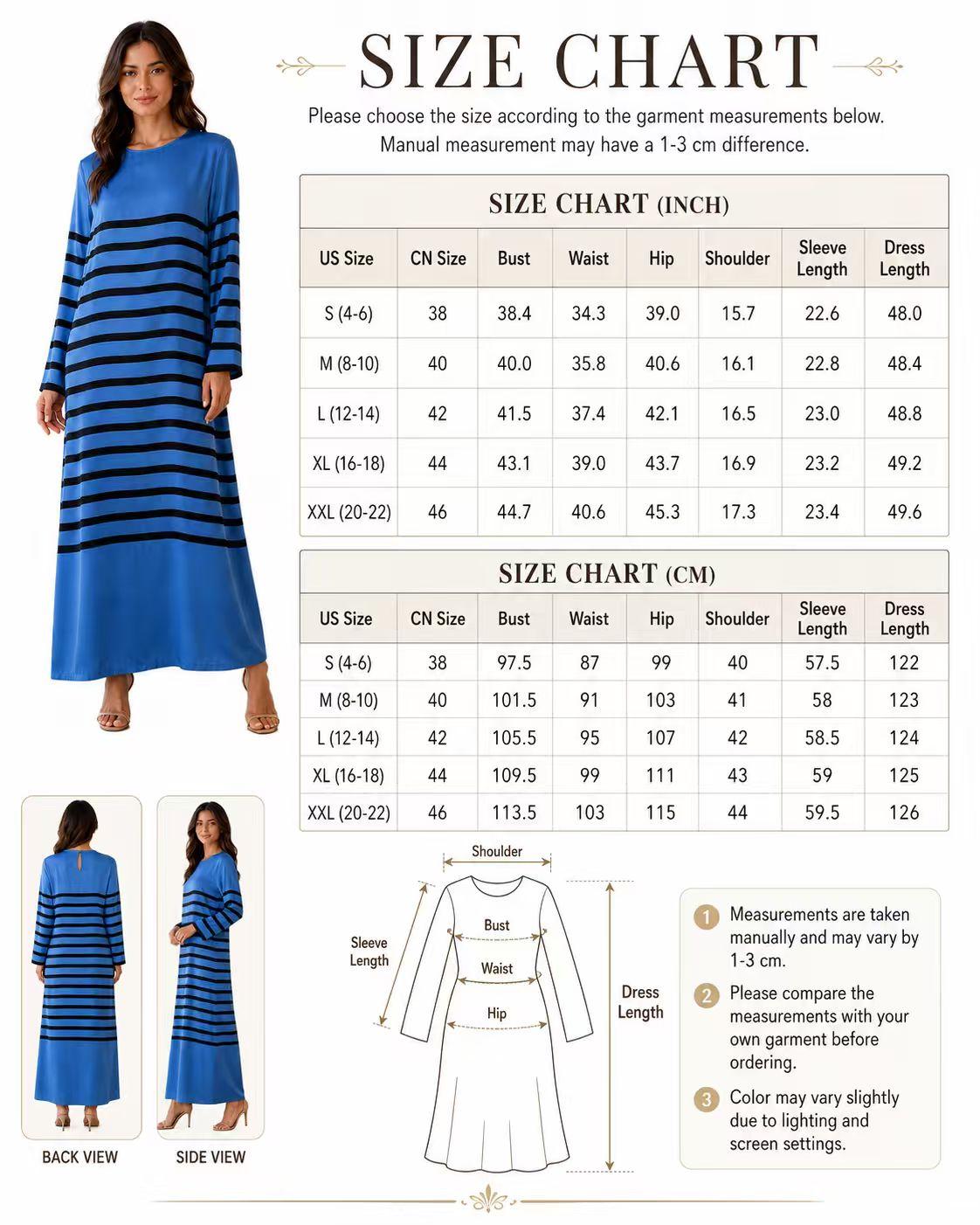 Luxury premium satin maxi dress for women with blue and black striped print, elegant round neck, long sleeves, loose straight fit, floor length; bohemian resort casual vacation everyday long gown Womenswear Crewneck image 12