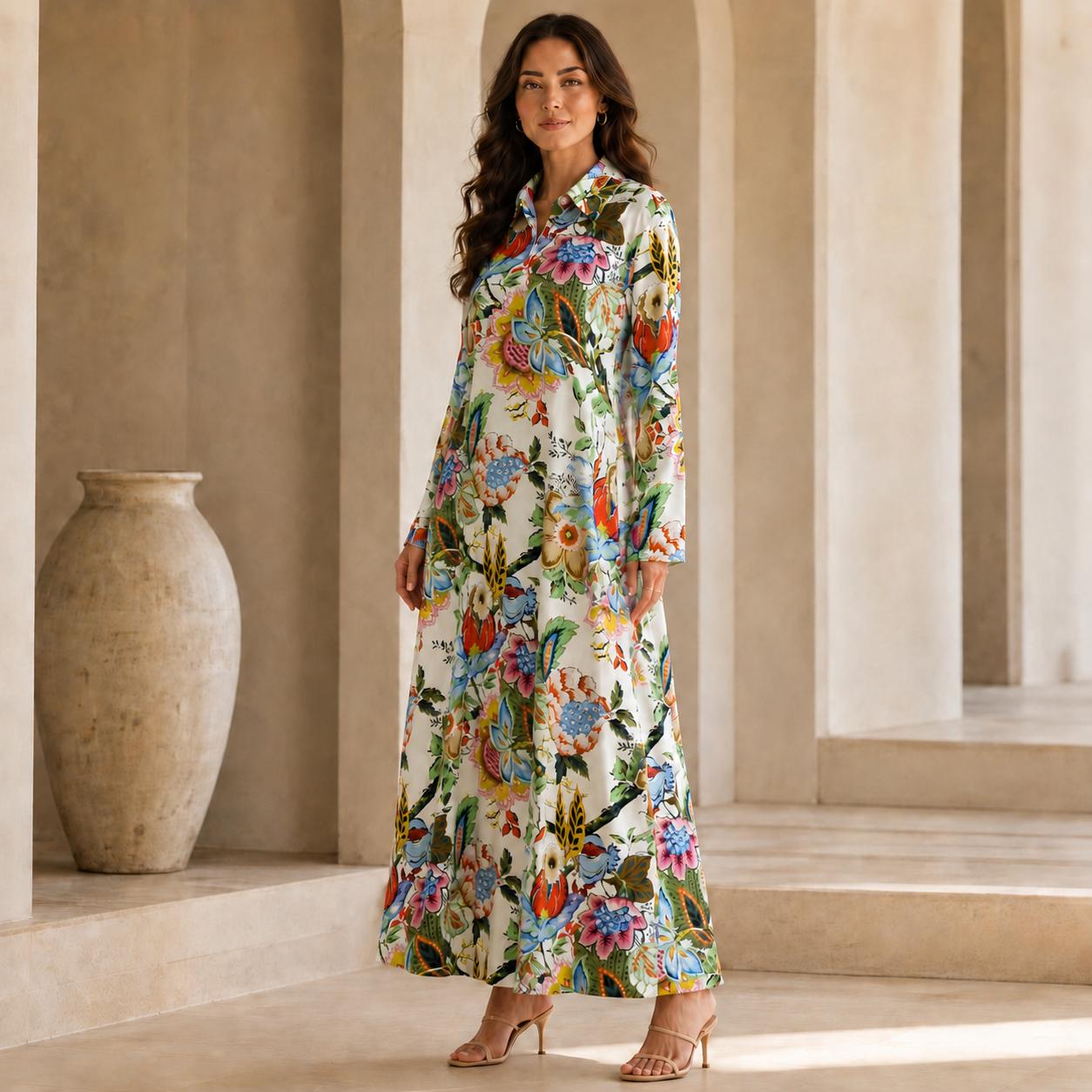 Women’s Premium Silk Floral Maxi Dress – Elegant long-sleeve collared A-line dress for vacations and everyday wear image 12