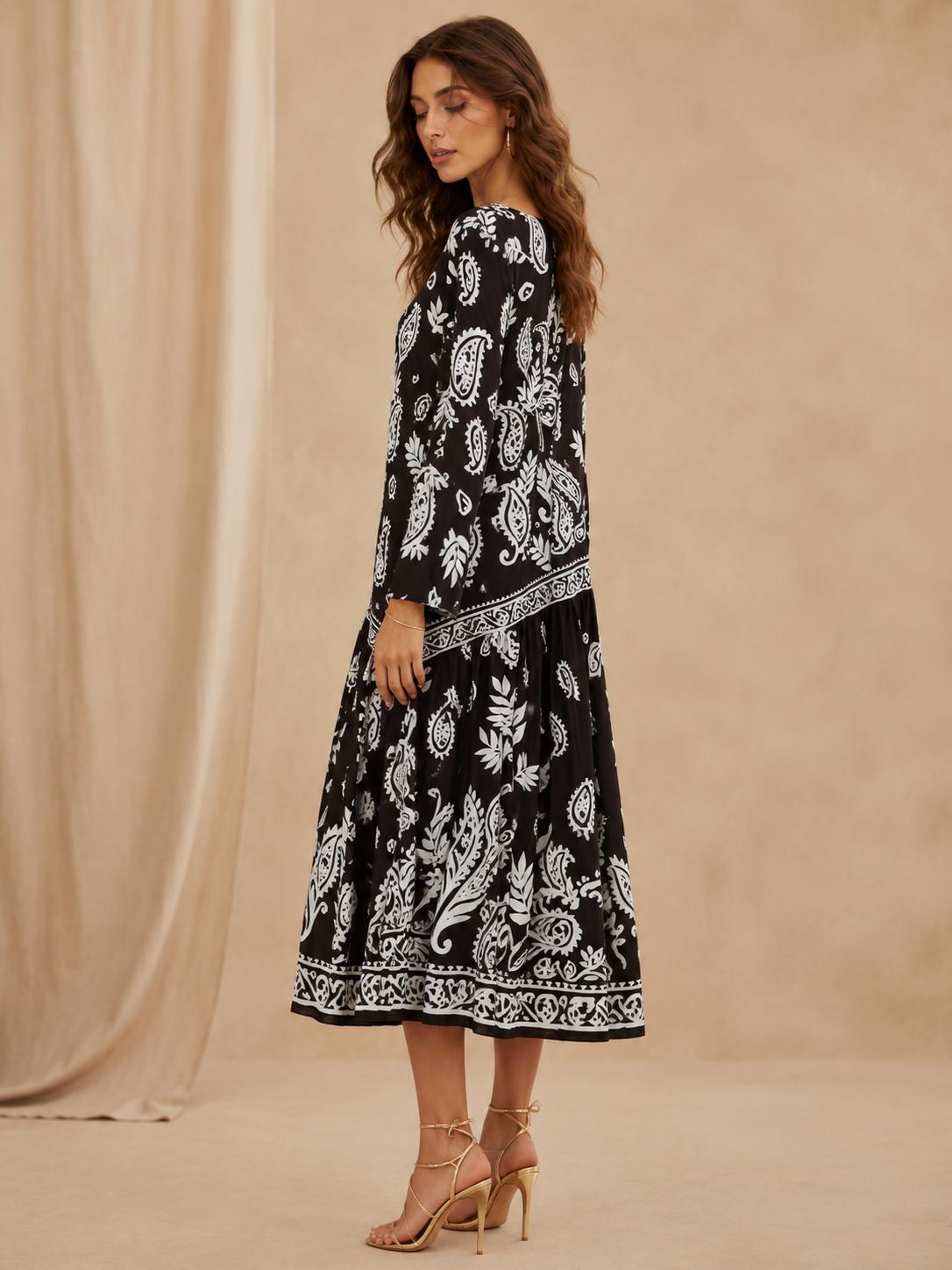 Women’s Premium Silk Paisley Long-Sleeve Boho A-Line Midi Dress, Bohemian Casual Wear for Vacation, Hand Washable image 12