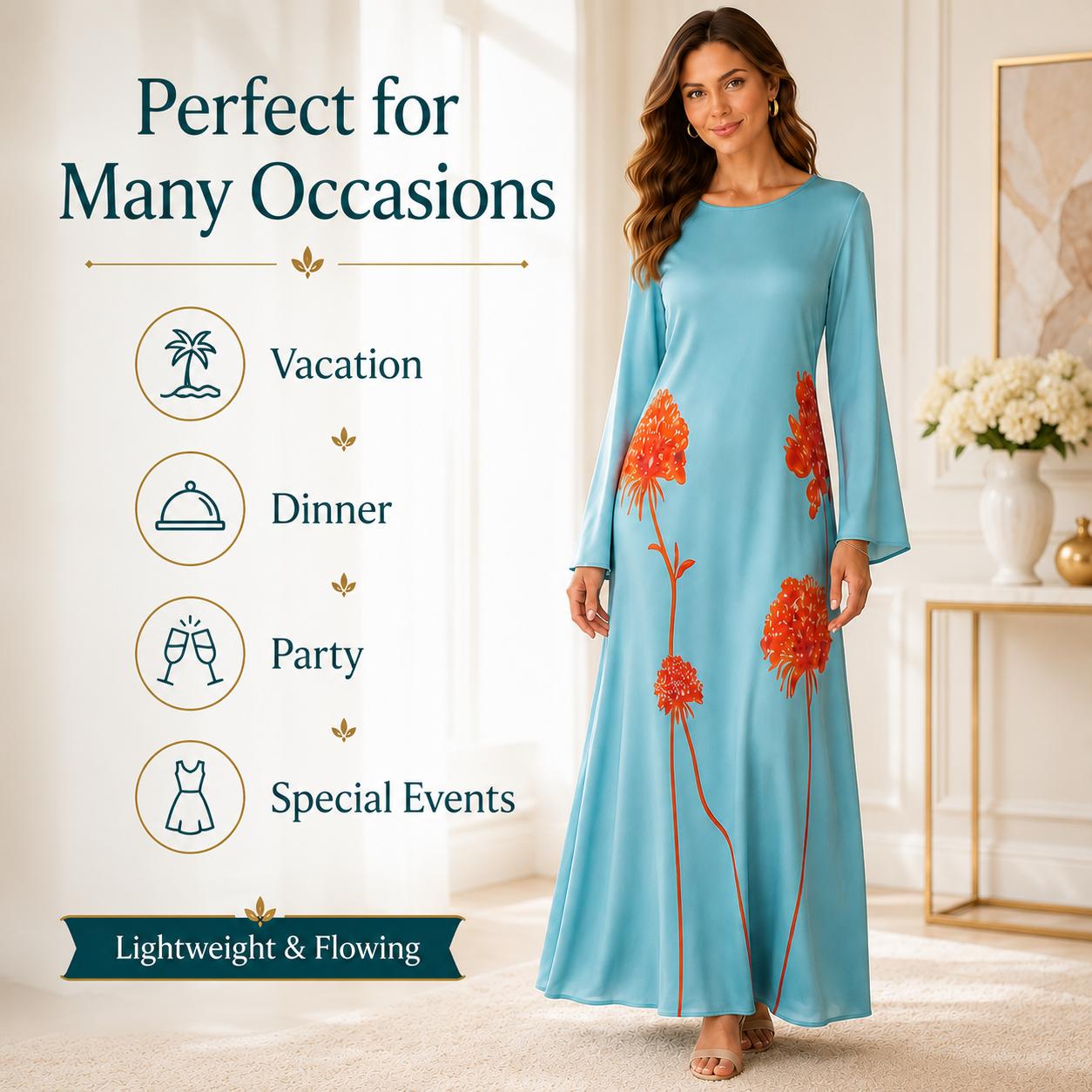 Light luxury faux silk long dress in lake blue and orange floral print, crew neck, bell sleeves, loose fit, maxi length; casual vacation style with a fluid drape and flared silhouette. image 12