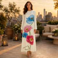 Women’s Premium Silk Round Neck Longsleeve Oversized Orchid Floral Design Dress - Loose-Fit A-Line Flowing Maxi, Elegant Silk Fabric, Formal Dinner Vacation Party Casual Womenswear Crewneck image 13
