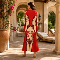 Women's Satin Pullover Crew Neck Bell Long Sleeve Maxi Dress, Bohemian Palm Tree Print Flowy Gown for Vacation, Upscale Dinner Dates, Hand Wash Casual Womenswear image 13