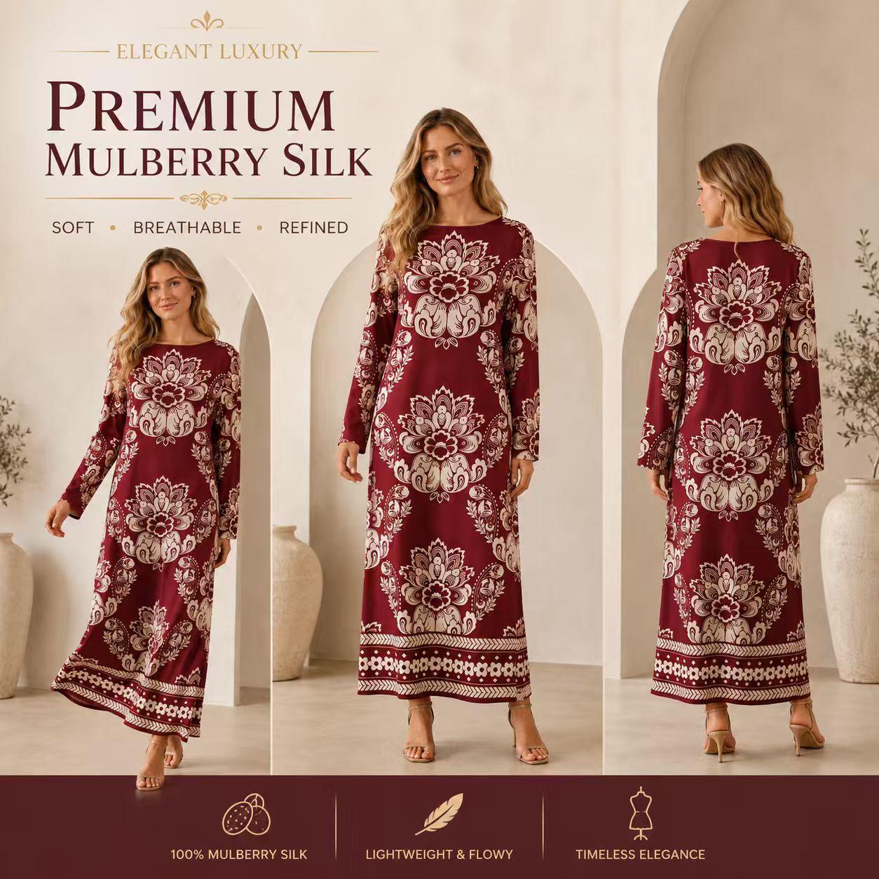 Luxury premium satin burgundy maxi dress for women with ethnic floral print, elegant round neck, long sleeves, loose straight fit, bohemian style, floor-length gown—ideal for resort vacations. Boho Chic Dress Summer image 13