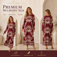 Luxury premium satin burgundy maxi dress for women with ethnic floral print, elegant round neck, long sleeves, loose straight fit, bohemian style, floor-length gown—ideal for resort vacations. Boho Chic Dress Summer image 13