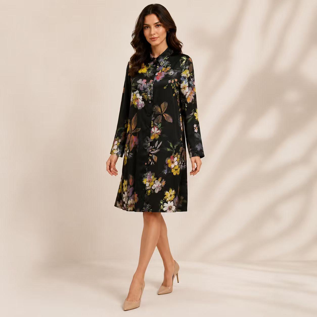 Women's Silky Satin Black Floral Print Long Sleeve Shirt Pullover - Collared Neck, Loose Straight Fit, Minimalist Knee-Length Shift Dress, Suitable for Office & Casual Wear Womenswear Summer image 13