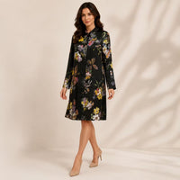 Women's Silky Satin Black Floral Print Long Sleeve Shirt Pullover - Collared Neck, Loose Straight Fit, Minimalist Knee-Length Shift Dress, Suitable for Office & Casual Wear Womenswear Summer image 13