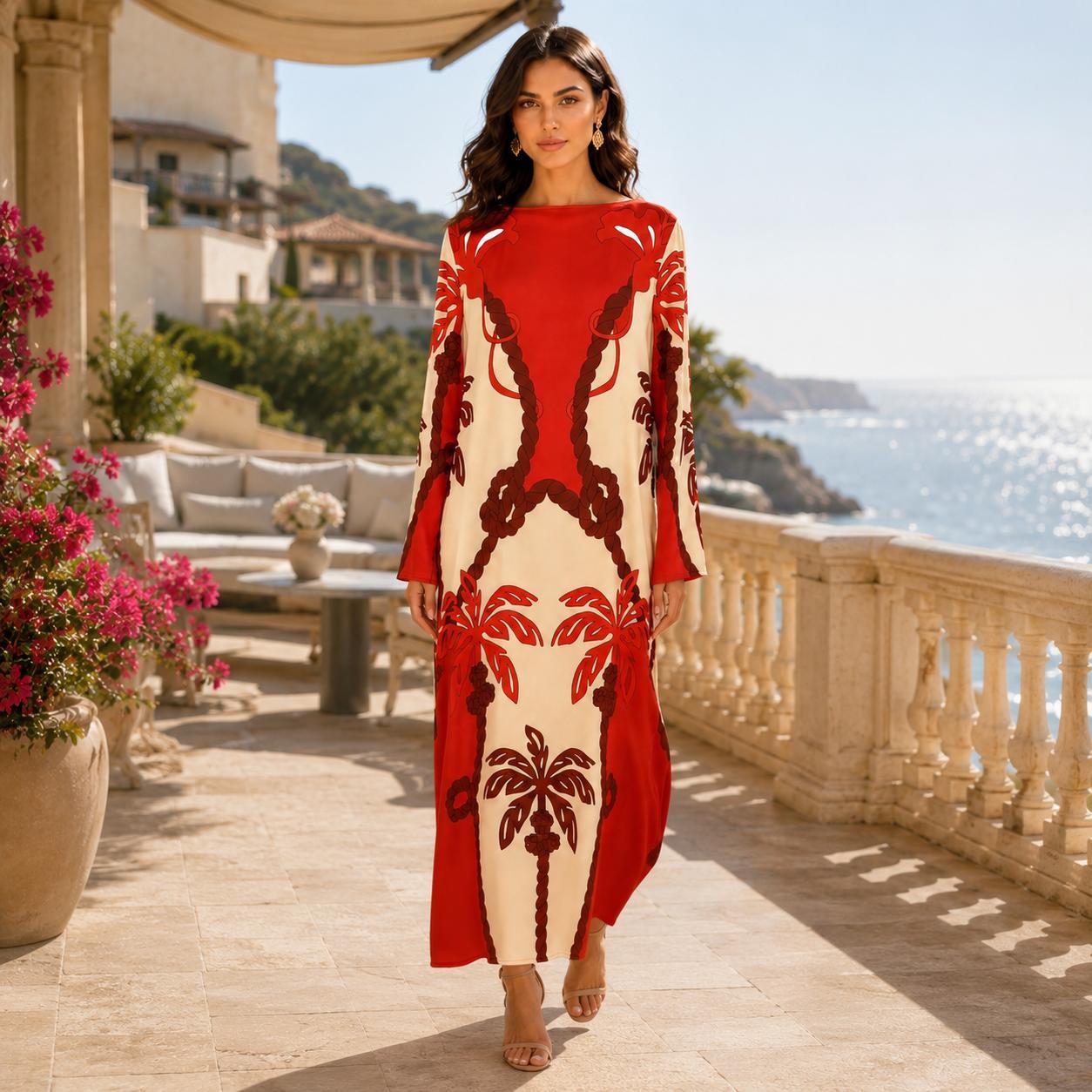 Women's Satin Pullover Crew Neck Bell Long Sleeve Maxi Dress, Bohemian Palm Tree Print Flowy Gown for Vacation, Upscale Dinner Dates, Hand Wash Casual Womenswear image 14